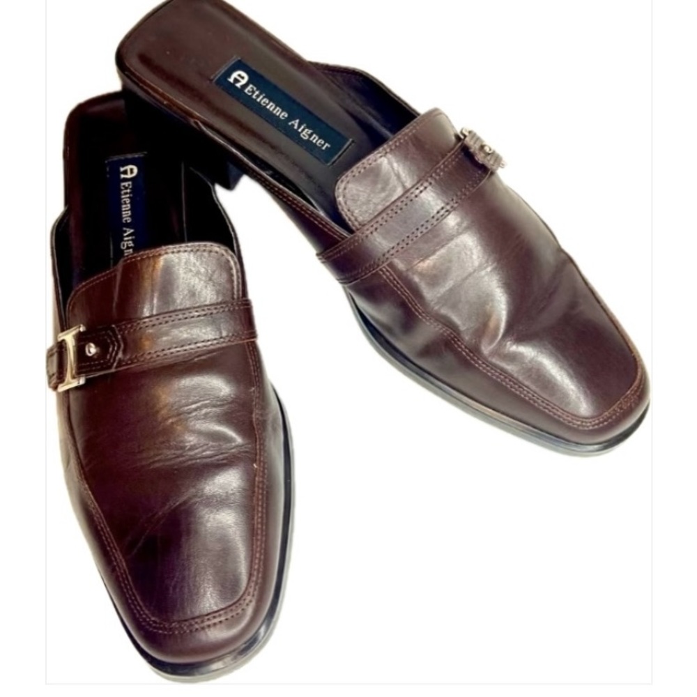 Etienne Aigner leather mules. Size 8.5. Deep brown with silver buckle & …